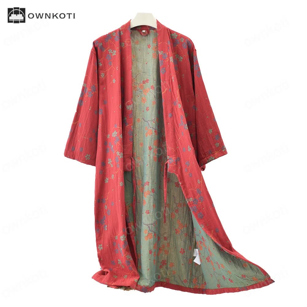 Ownkoti Jacquard Gauze Cotton Floral Lightweight Bathrobe