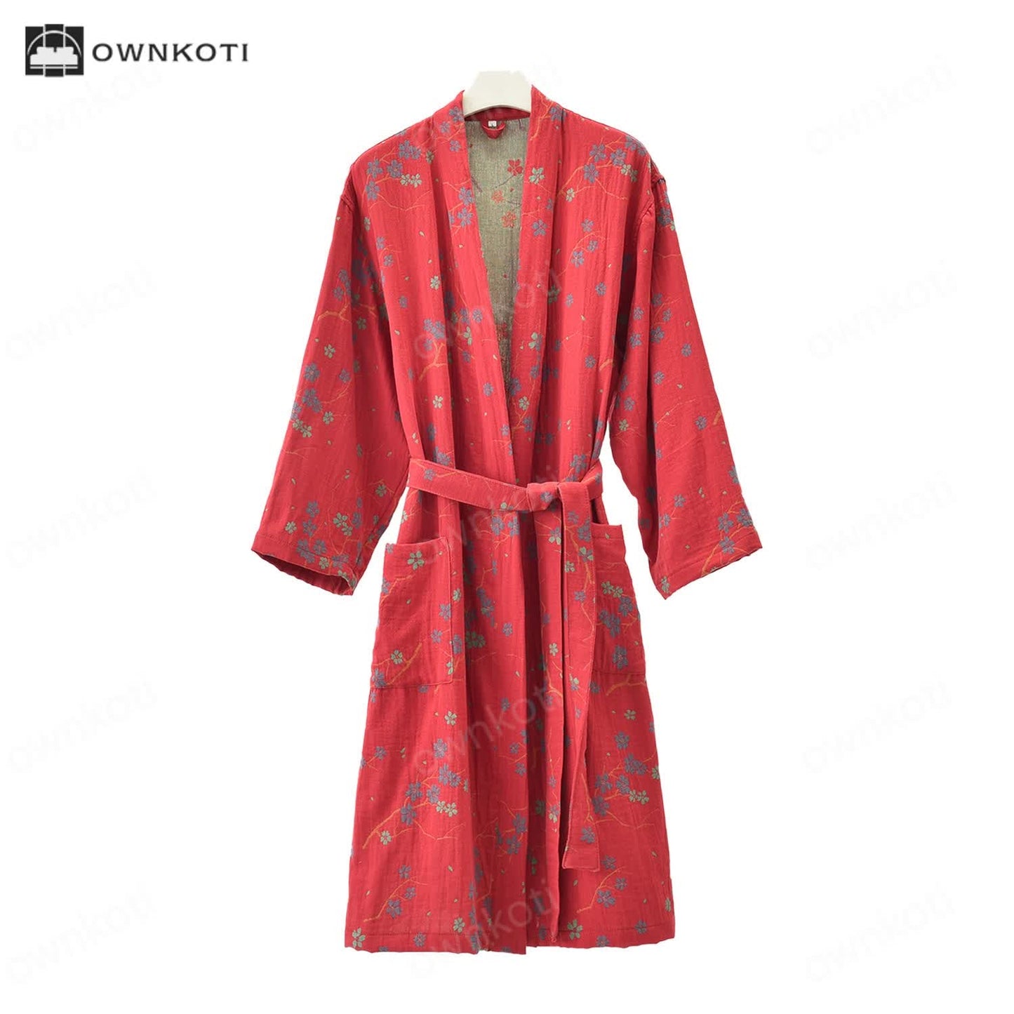 Ownkoti Jacquard Gauze Cotton Floral Lightweight Bathrobe