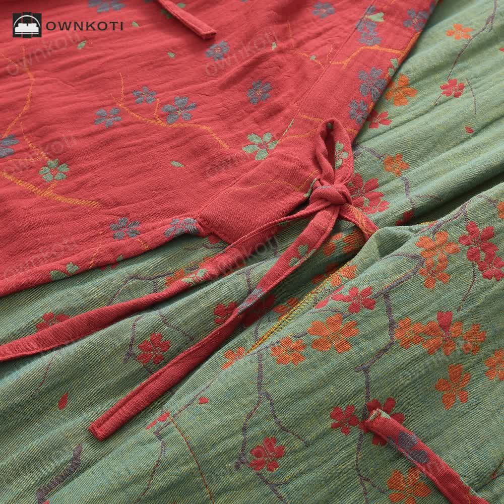 Ownkoti Jacquard Gauze Cotton Floral Lightweight Bathrobe