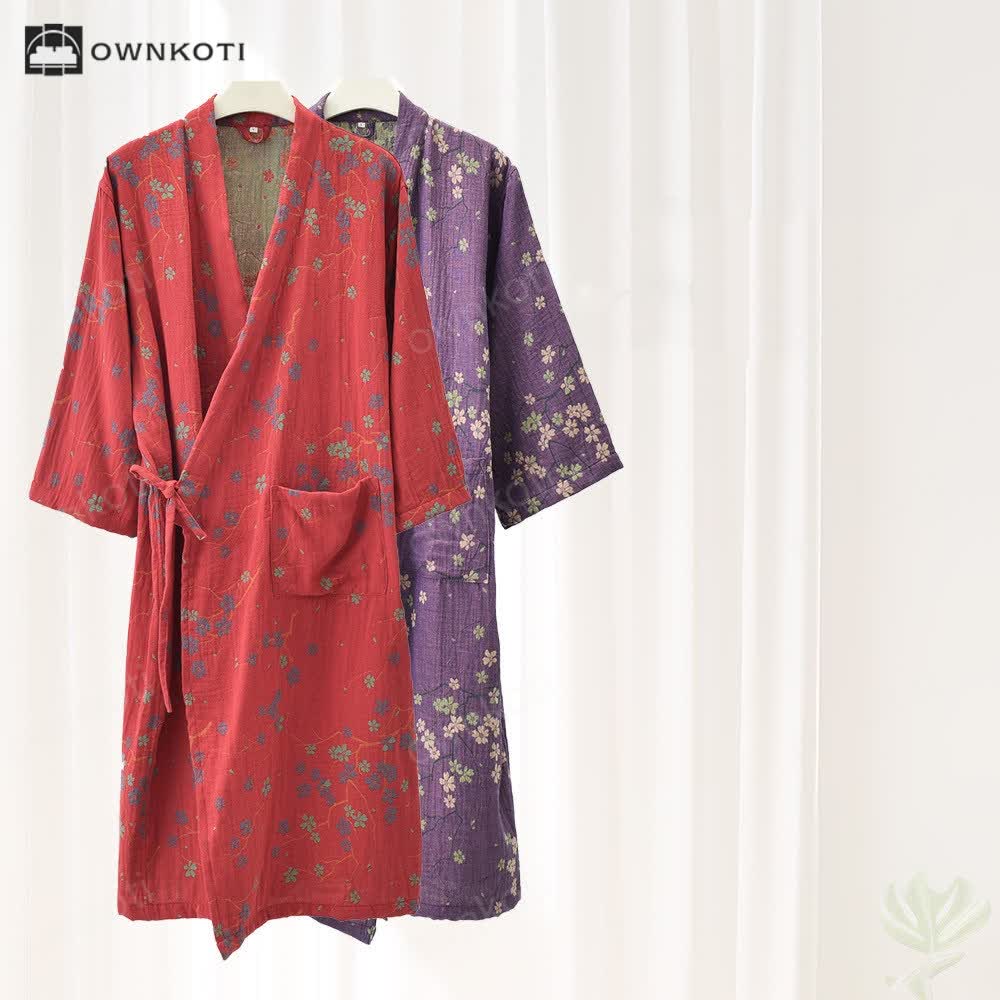 Ownkoti Jacquard Gauze Cotton Floral Lightweight Bathrobe