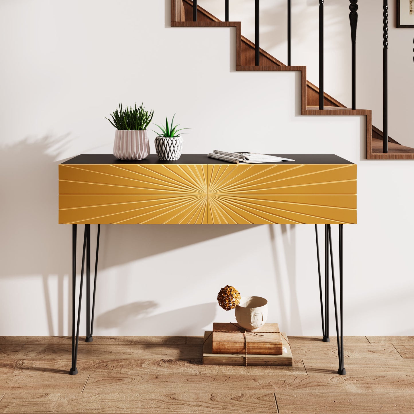 Mordern 39.4" Black & Gold Console Table With Storage Wood Entryway Table With 2 Drawers - image 2