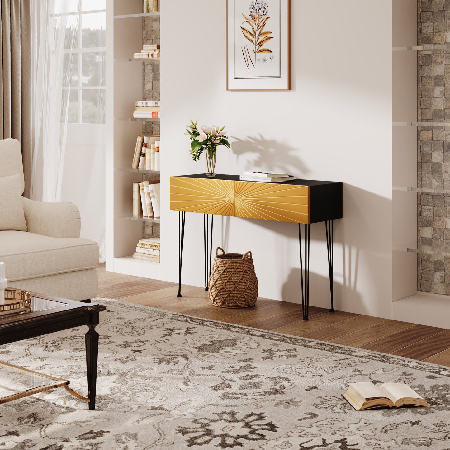 Mordern 39.4" Black & Gold Console Table With Storage Wood Entryway Table With 2 Drawers - image 5