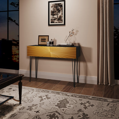 Mordern 39.4" Black & Gold Console Table With Storage Wood Entryway Table With 2 Drawers - image 4