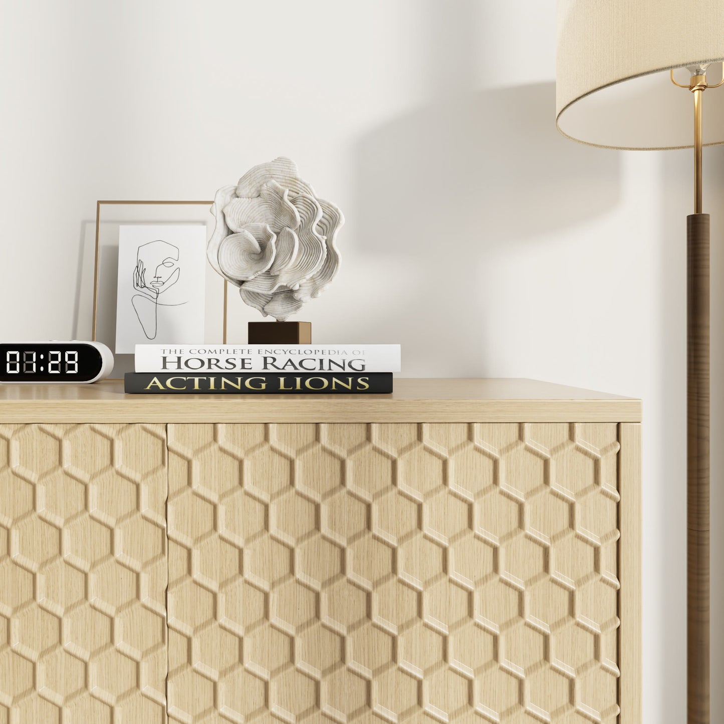 Ownkoti Wooden Storage Cabinet With Honeycomb Hexagonal Pattern Doors