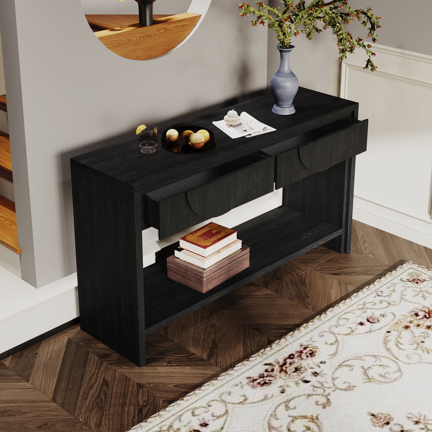 Ownkoti 55.12"  Wood Distressed Pattern Console Table Sofa Table With 2 Drawers