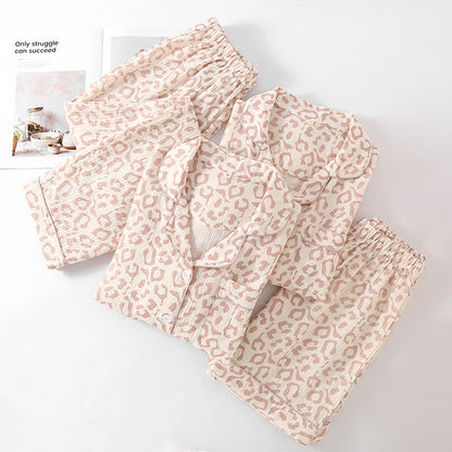 Ownkoti Leopard Print Cotton Gauze Lapel Pajama Set(3PCS) - image 1