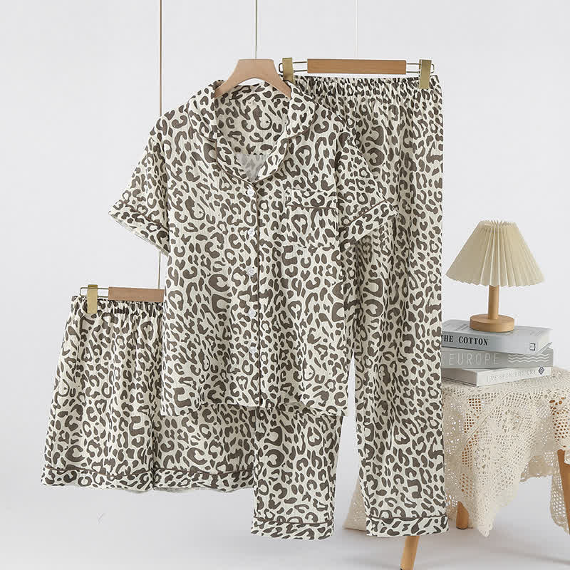 Ownkoti Leopard Print Cotton Gauze Lapel Pajama Set(3PCS) - Gray Brown - XL - image 9