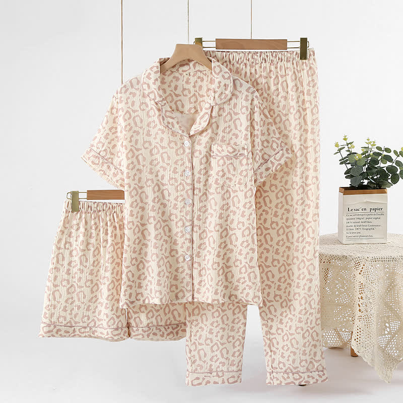 Ownkoti Leopard Print Cotton Gauze Lapel Pajama Set(3PCS) - Pink - XL - image 0