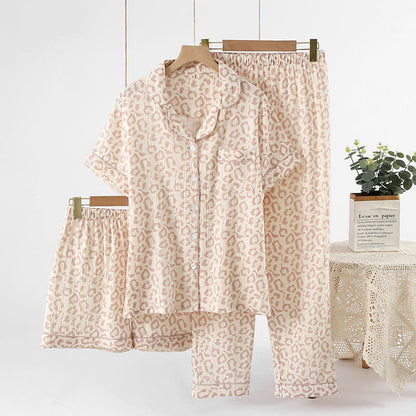 Ownkoti Leopard Print Cotton Gauze Lapel Pajama Set(3PCS) - Pink - XL - image 0
