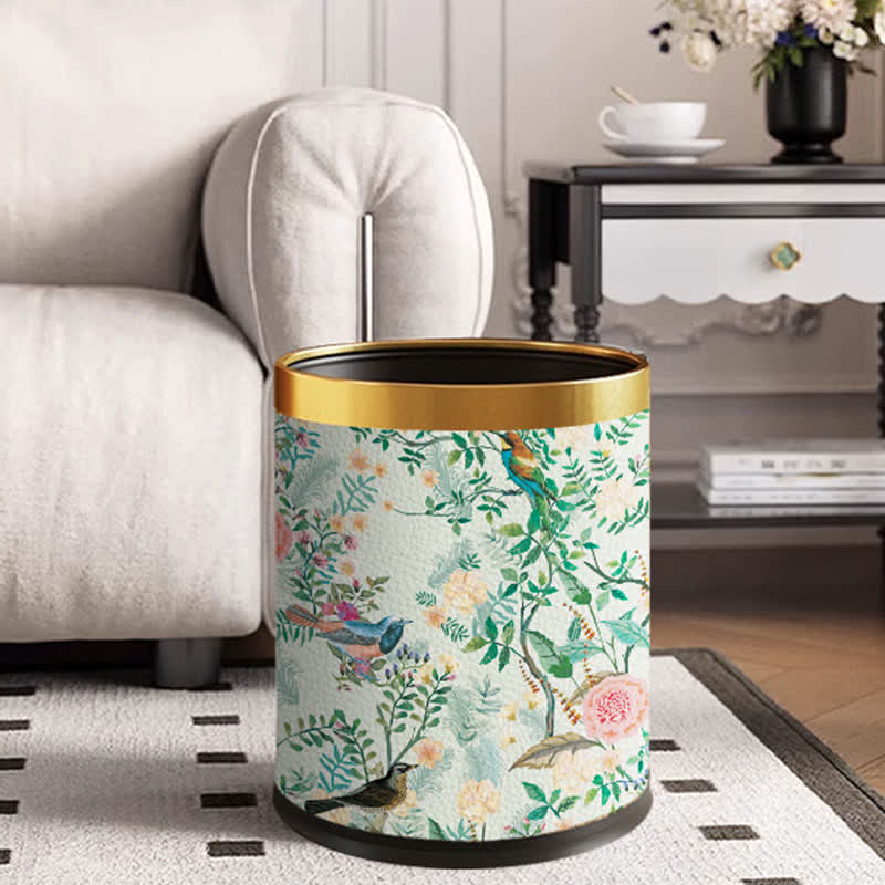 Ownkoti Floral Bird Leather Stainless Steel Trash Bin - Standard-Yellow Circle - 9"W x 9"L x 10"H - image 0