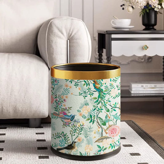 Ownkoti Floral Bird Leather Stainless Steel Trash Bin - Standard-Yellow Circle - 9"W x 9"L x 10"H - image 0