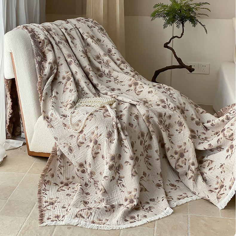 Ownkoti Vintage Floral Cotton Gauze Tassel Reversible Blanket