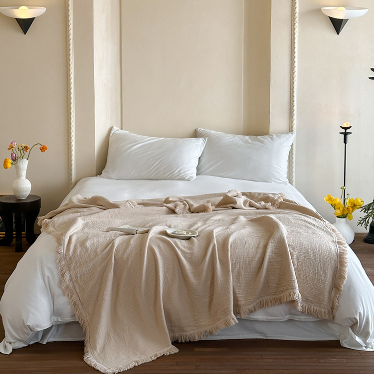 Ownkoti Simple Solid Color Tassel Cotton Gauze Blanket - Beige - 59"W x 79"L - image 4