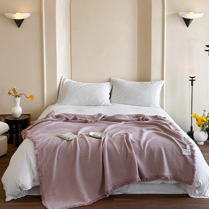 Ownkoti Simple Solid Color Tassel Cotton Gauze Blanket - Light Pink - 59"W x 79"L - image 11