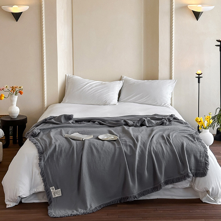 Ownkoti Simple Solid Color Tassel Cotton Gauze Blanket - Grey - 59"W x 79"L - image 4