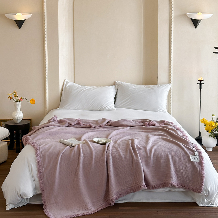 Ownkoti Simple Solid Color Tassel Cotton Gauze Blanket - Light Pink - 59"W x 79"L - image 0