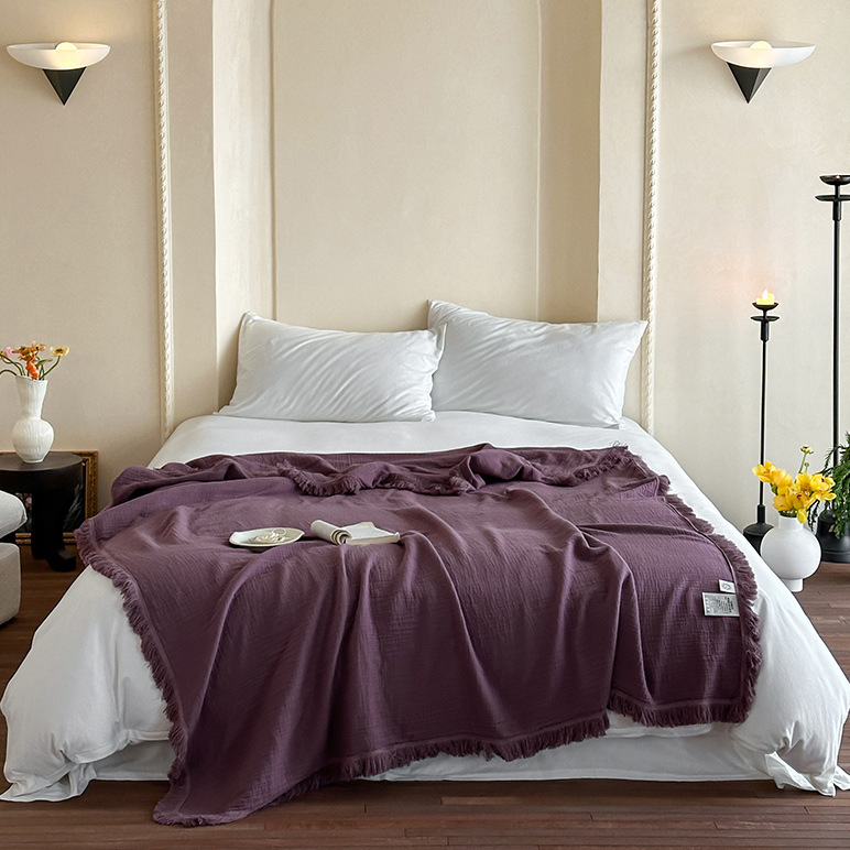 Ownkoti Simple Solid Color Tassel Cotton Gauze Blanket - Dark Purple - 59"W x 79"L - image 8