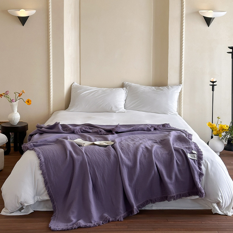 Ownkoti Simple Solid Color Tassel Cotton Gauze Blanket - Purple - 59"W x 79"L - image 6