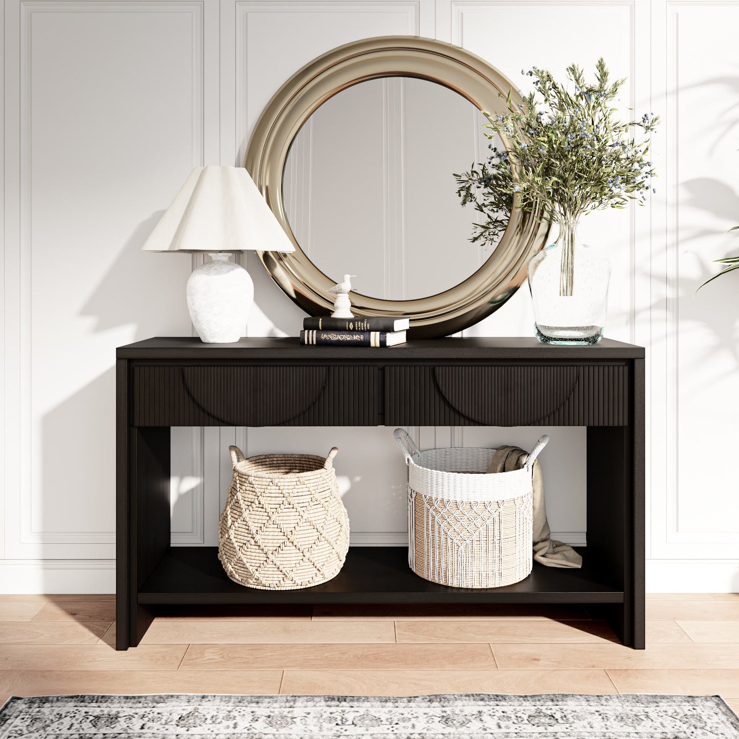 Ownkoti 55.12"  Wood Distressed Pattern Console Table Sofa Table With 2 Drawers