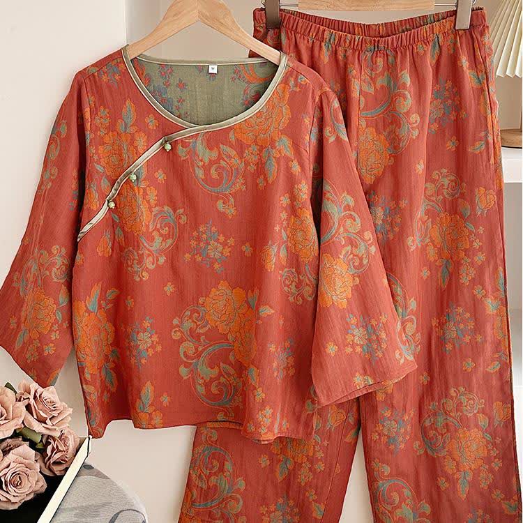 Ownkoti Retro Jacquard Cotton Gauze Casual Pajama Set