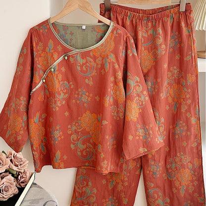 Ownkoti Retro Jacquard Cotton Gauze Casual Pajama Set