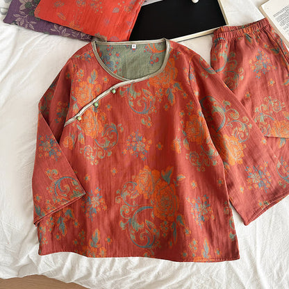 Ownkoti Retro Jacquard Cotton Gauze Casual Pajama Set