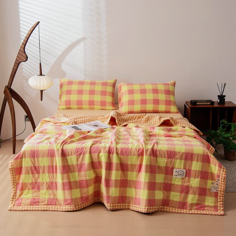 Ownkoti Yarn-dyed Plaid Pure Cotton Vintage Bedding - Yellow & Coral Pink - 2pcs Pillowcases - 19"W x 29"L - image 2