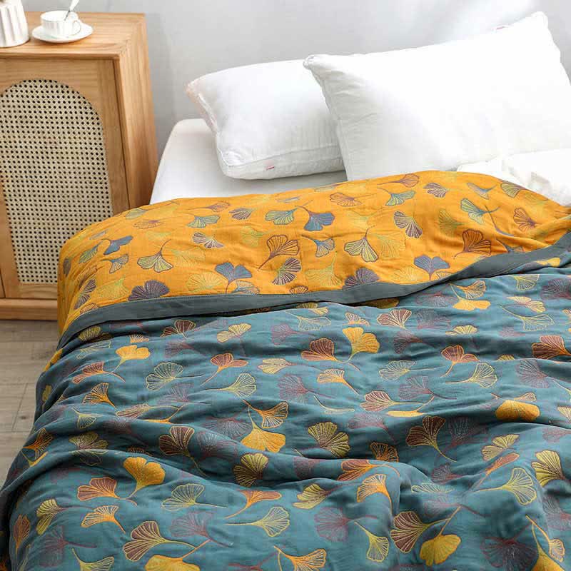 Ownkoti Ginkgo Leaf Pattern Cotton Reversible Quilt - Bluish Gray & Orange - King - Quilt - image 0