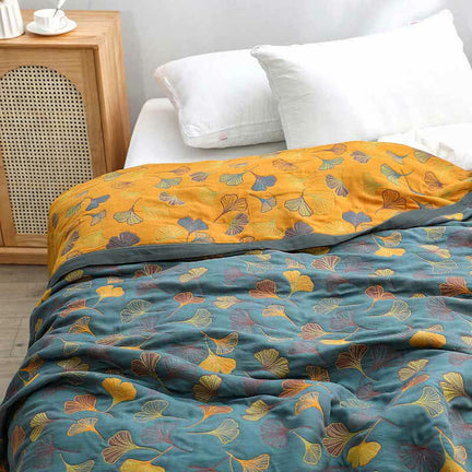 Ownkoti Ginkgo Leaf Pattern Cotton Reversible Quilt - Bluish Gray & Orange - King - Quilt - image 0