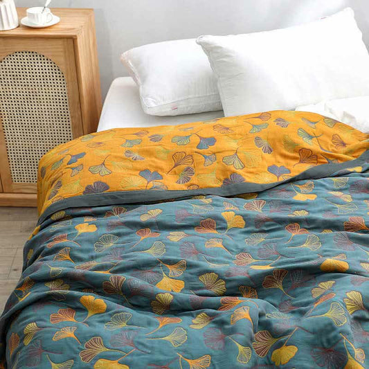 Ownkoti Ginkgo Leaf Pattern Cotton Reversible Quilt - Bluish Gray & Orange - King - Quilt - image 0
