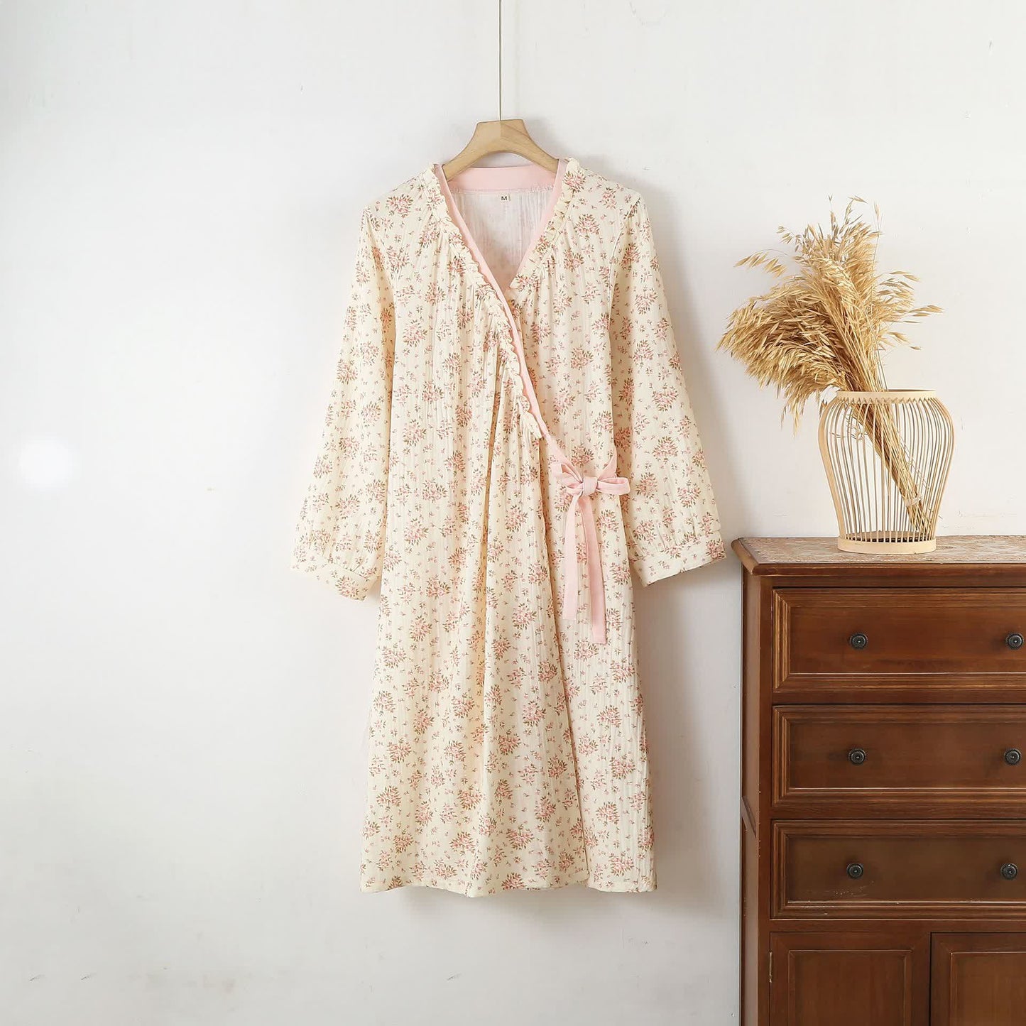 Ownkoti Cotton Double Gauze Floral Long Sleeve Nightdress
