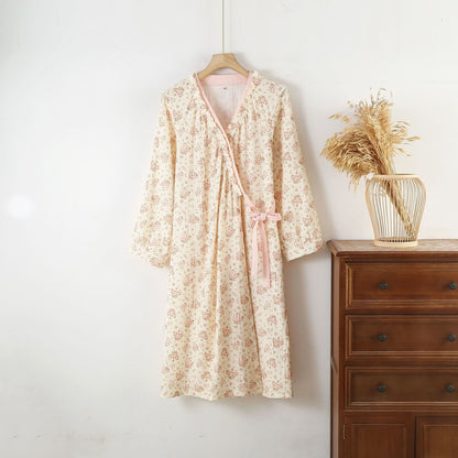 Ownkoti Cotton Double Gauze Floral Long Sleeve Nightdress
