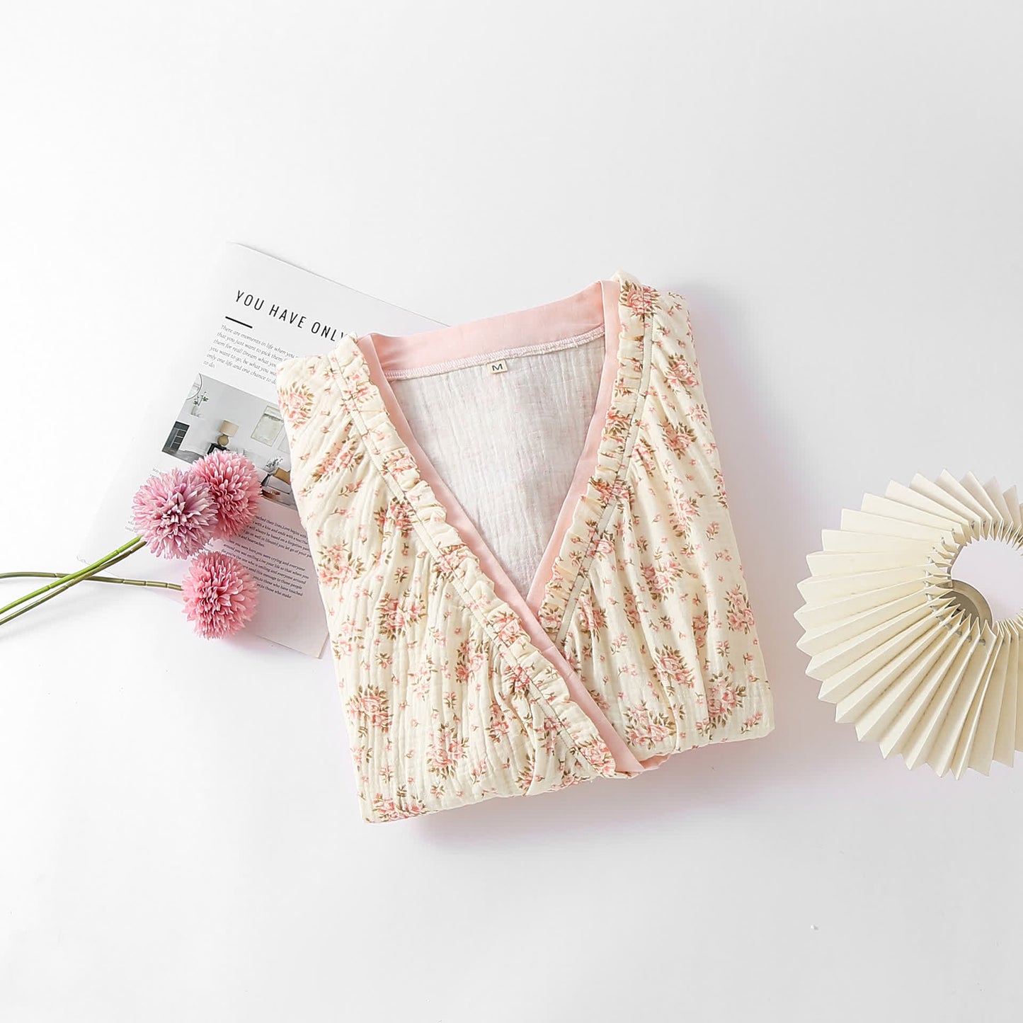 Ownkoti Cotton Double Gauze Floral Long Sleeve Nightdress