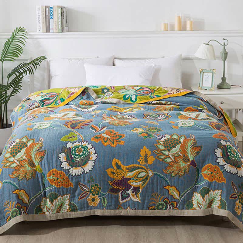 Ownkoti Colorful Floral Cotton Gauze Reversible Quilt