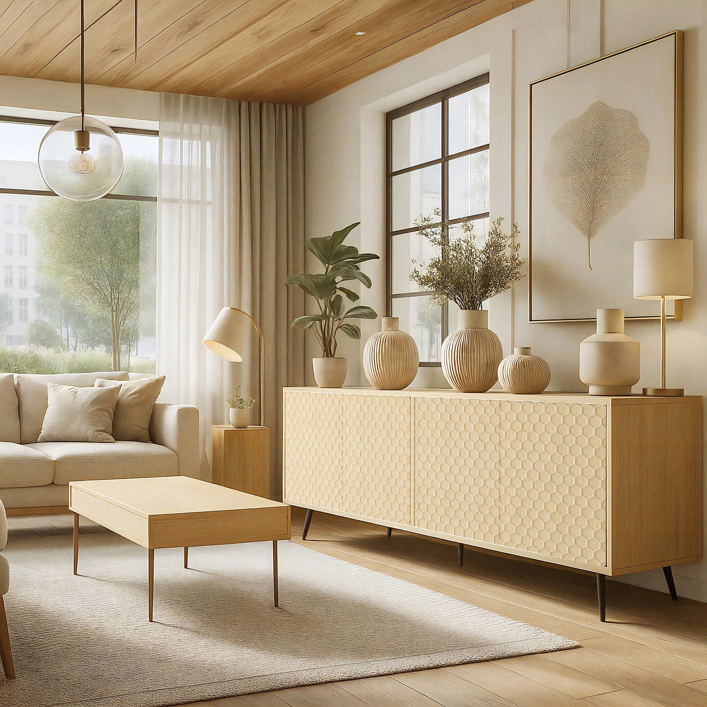 Ownkoti Wooden Storage Cabinet With Honeycomb Hexagonal Pattern Doors