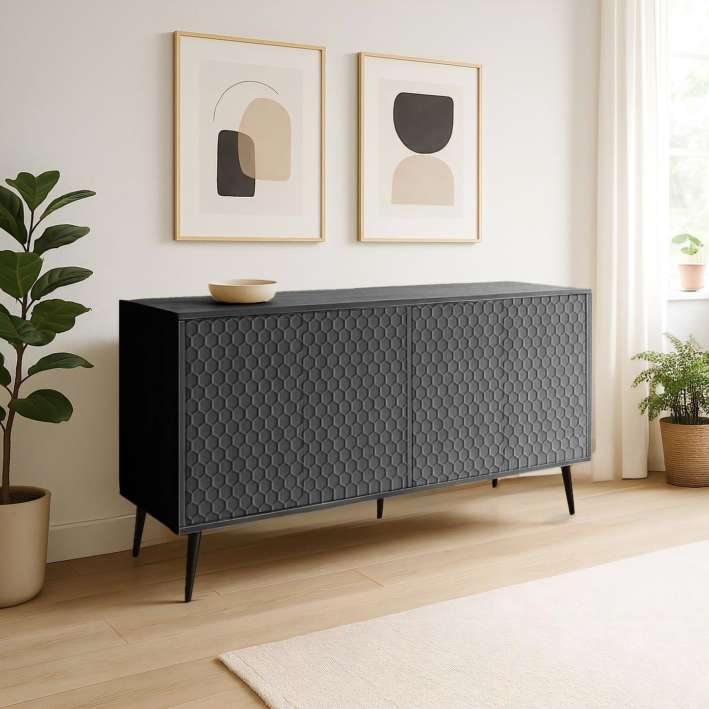 Ownkoti Wooden Storage Cabinet With Honeycomb Hexagonal Pattern Doors