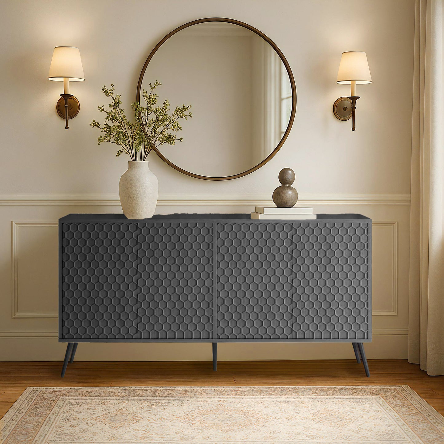 Ownkoti Wooden Storage Cabinet With Honeycomb Hexagonal Pattern Doors