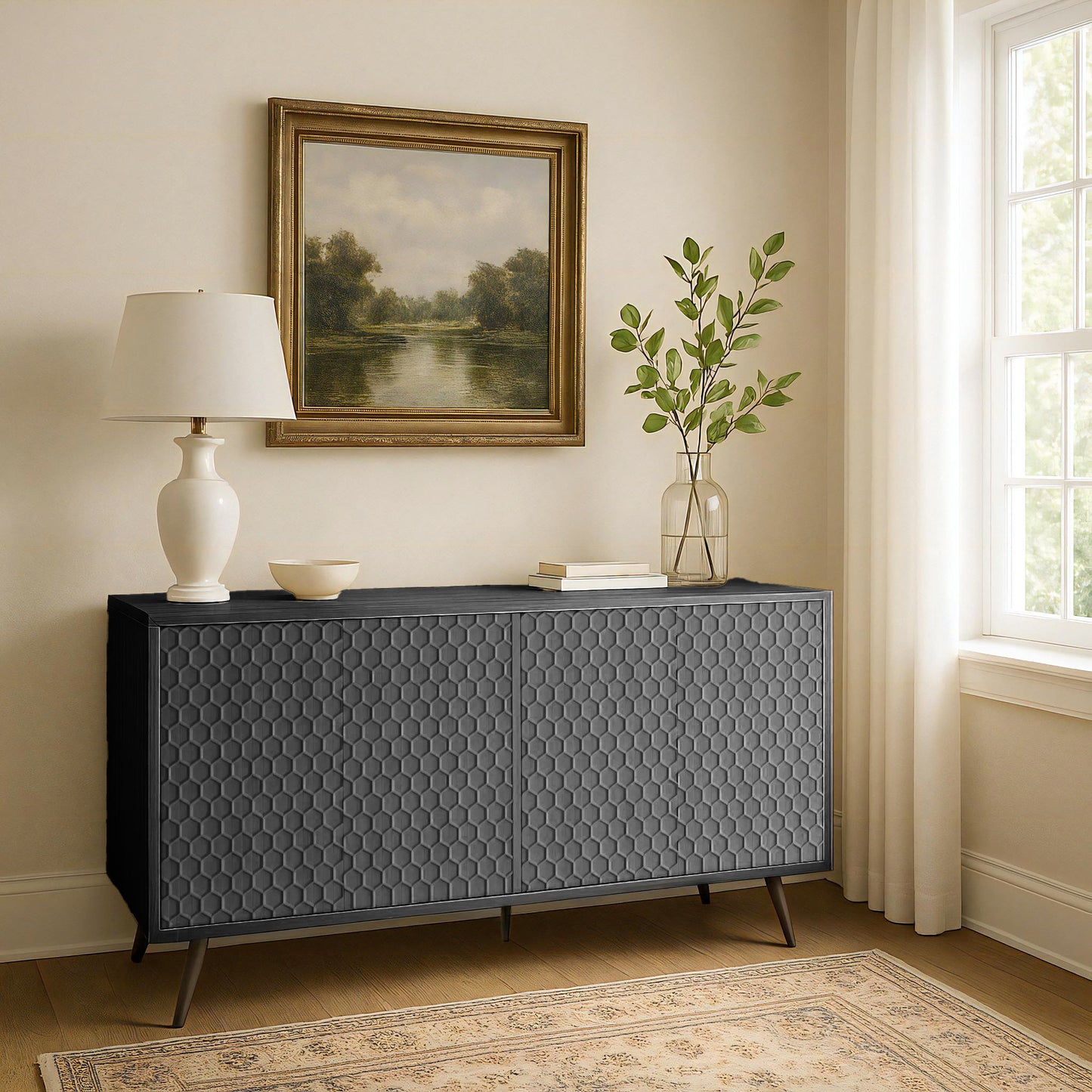 Ownkoti Wooden Storage Cabinet With Honeycomb Hexagonal Pattern Doors