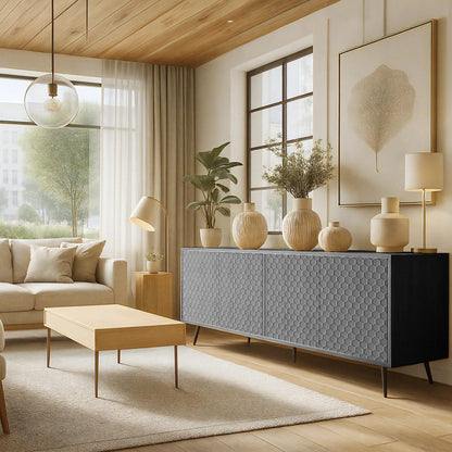 Ownkoti Wooden Storage Cabinet With Honeycomb Hexagonal Pattern Doors