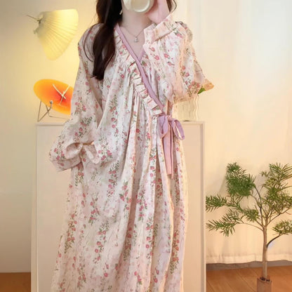 Ownkoti Floral V-neckline Soft Long Nightgown