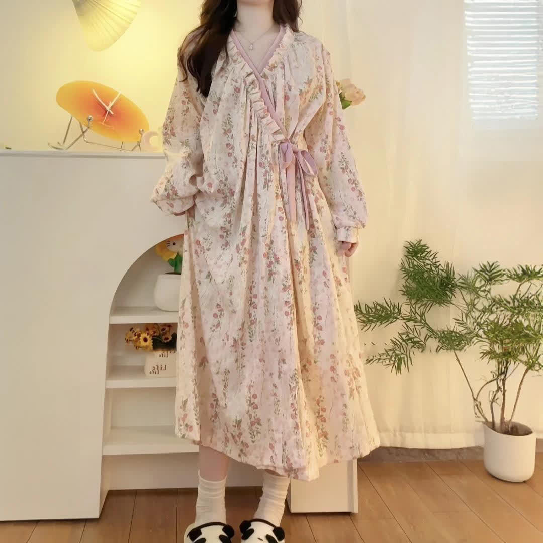 Ownkoti Floral V-neckline Soft Long Nightgown