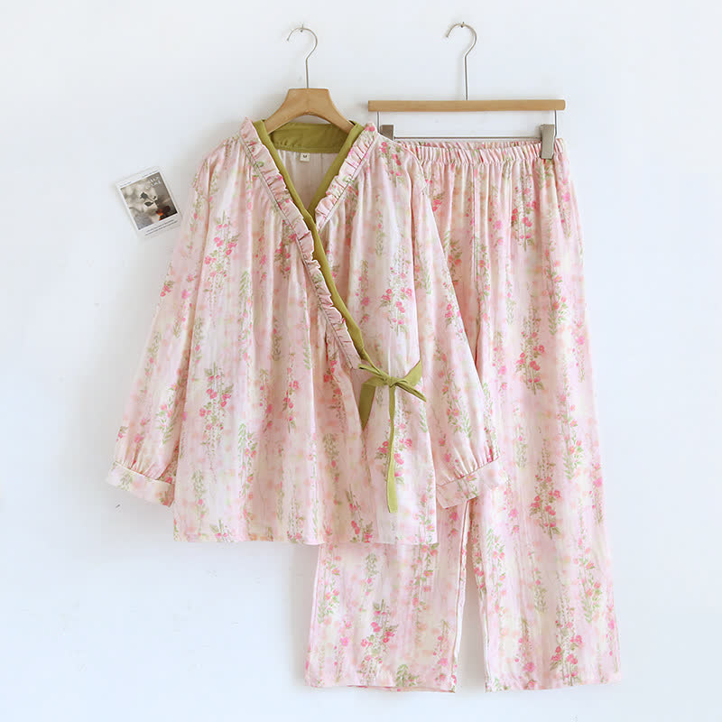 Ownkoti Rose Print Cotton Gauze Asymmetric Front Loungewear Set