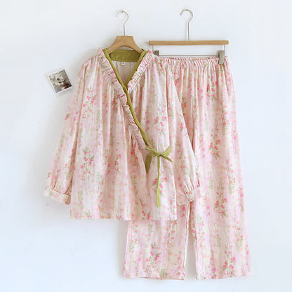 Ownkoti Rose Print Cotton Gauze Asymmetric Front Loungewear Set