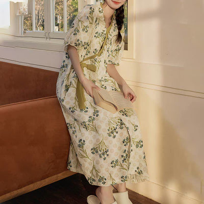 Ownkoti Pastoral Padded Short Sleeve Tie-Back Nightgown with Pocket