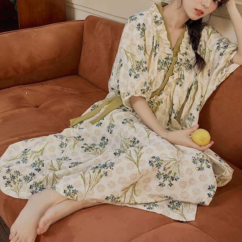 Ownkoti Pastoral Padded Short Sleeve Tie-Back Nightgown with Pocket