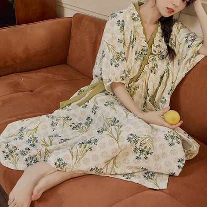 Ownkoti Pastoral Padded Short Sleeve Tie-Back Nightgown with Pocket