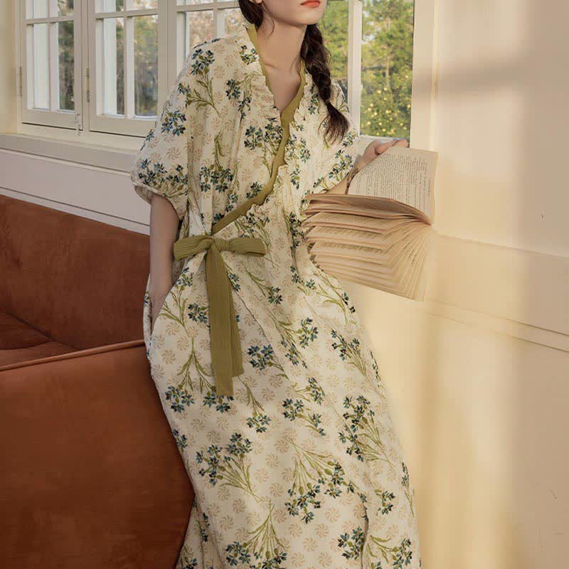 Ownkoti Pastoral Padded Short Sleeve Tie-Back Nightgown with Pocket