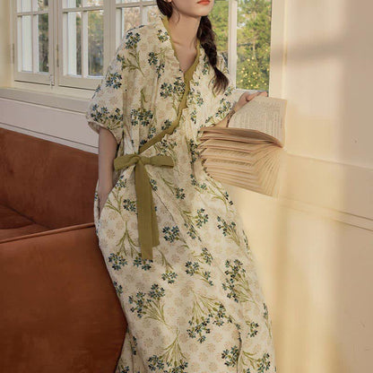 Ownkoti Pastoral Padded Short Sleeve Tie-Back Nightgown with Pocket