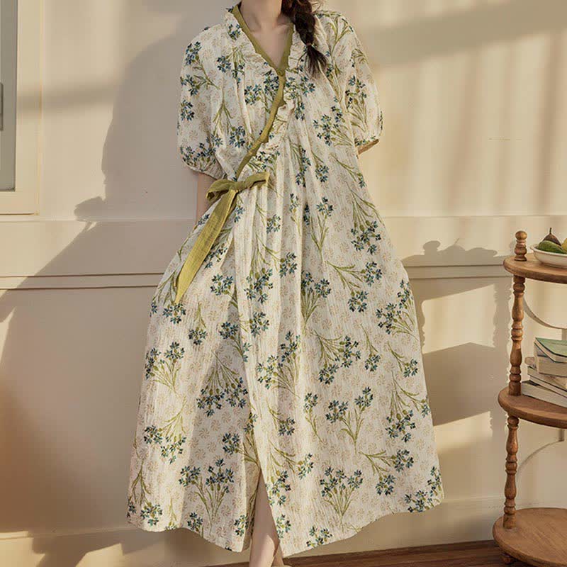 Ownkoti Pastoral Padded Short Sleeve Tie-Back Nightgown with Pocket