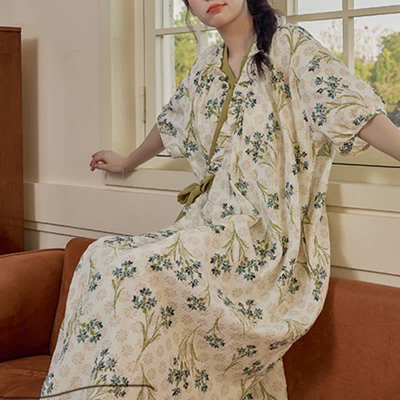 Ownkoti Pastoral Padded Short Sleeve Tie-Back Nightgown with Pocket